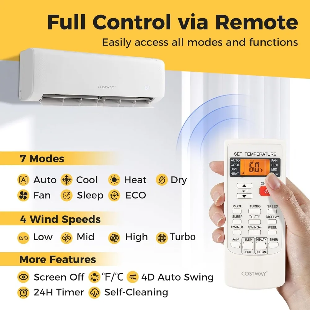 Pendingin udara Split Mini 12,000 BTU, dengan pompa panas, bintang energi, Inverter 21 SEER2, Timer 24 jam, bersih otomatis