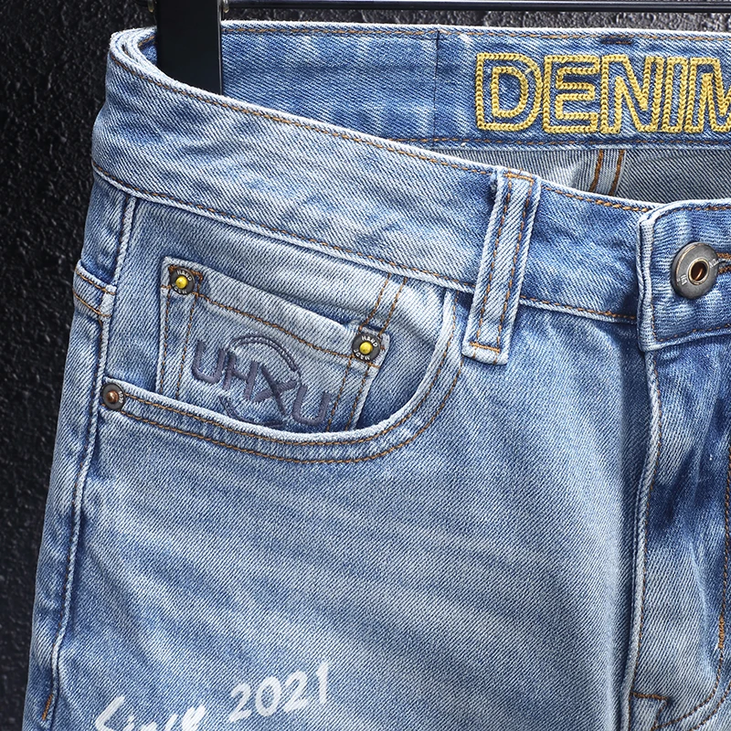 Designer FashionY2K  Jeans with Scratches, Washed Nostalgic Wrinkles, Painted Blue Jeans, High Street Stretch, Slimming, Embroid