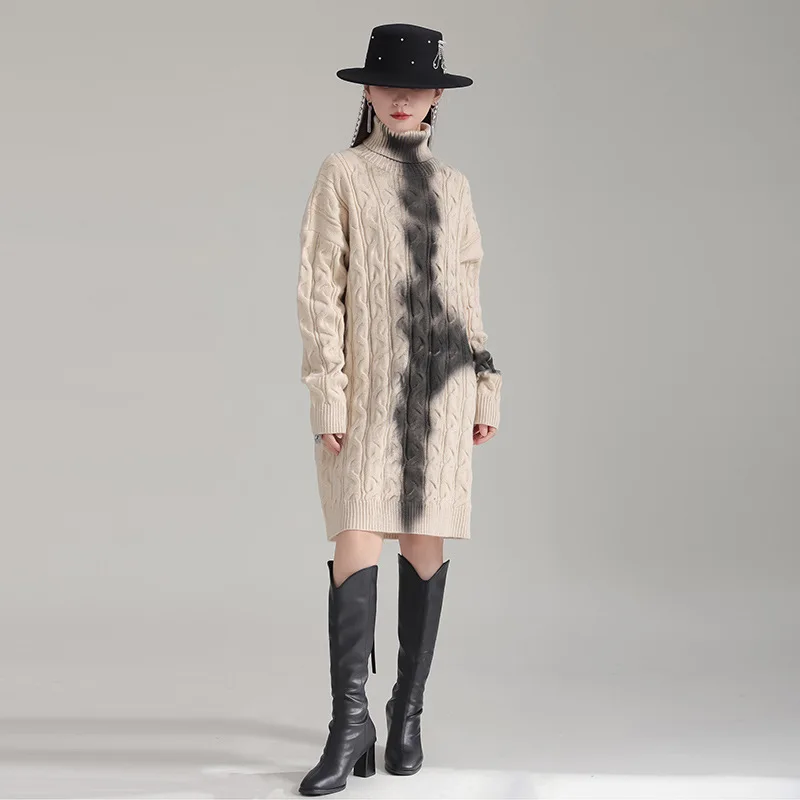 Turtlenecks Knitted Long Sweater Dress Women Cotton Pullover Top Loose Thick Vestidos Mujer 2024 Autumn Winter