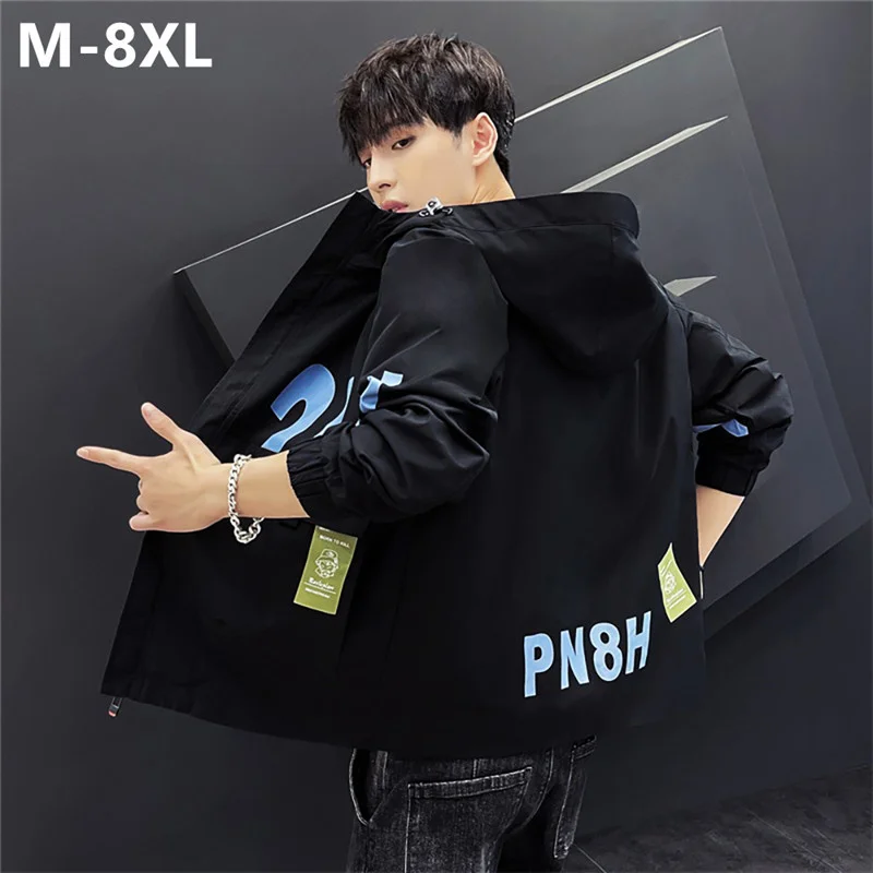 

Autumn Boys Hoodies White Windbreaker 8XL 7XL 6XL Plus Size Fit Pattern Black Casual Men Coats Japanese Style Jacket Hat Parka