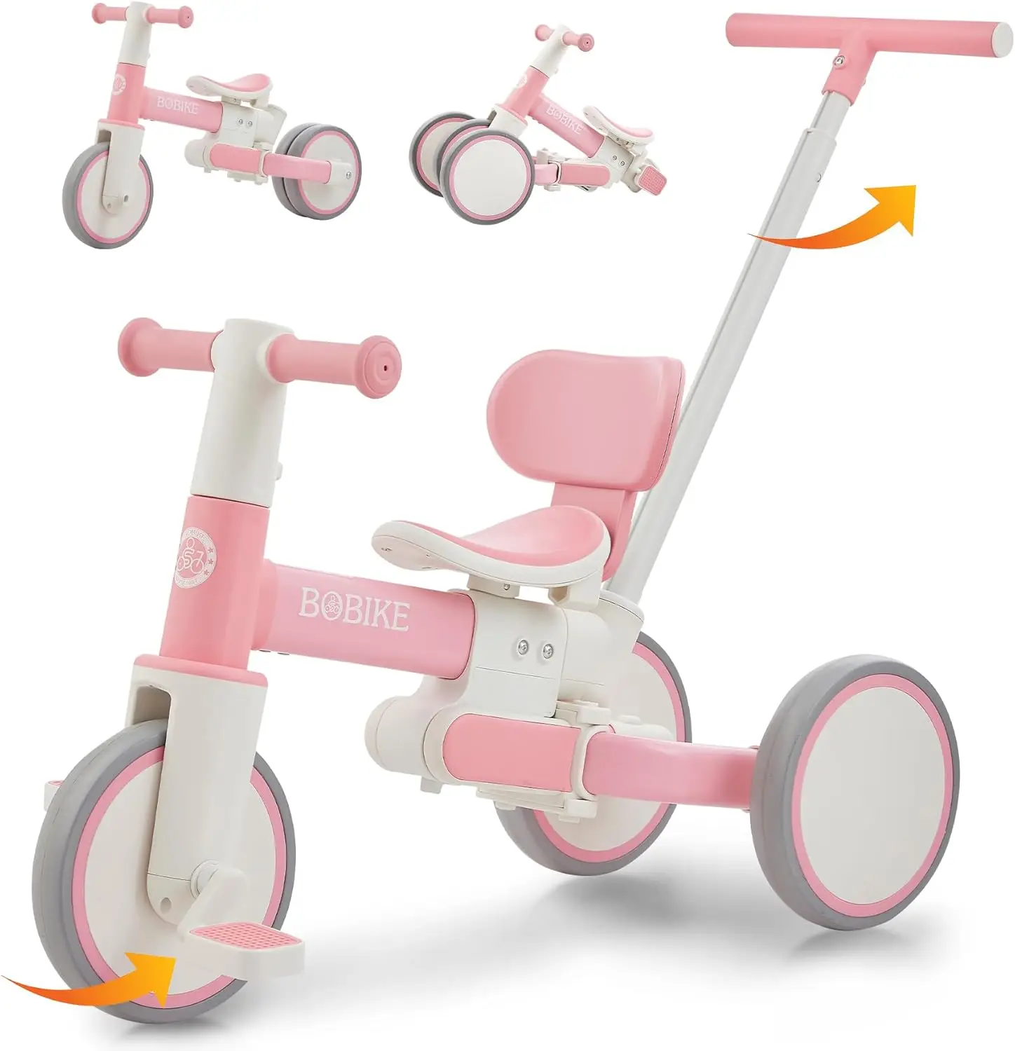 

5-in-1 Tricycle for Toddlers 18 Months to 5 Years, Push Handle and Backrest, Easy Assembly, Pink