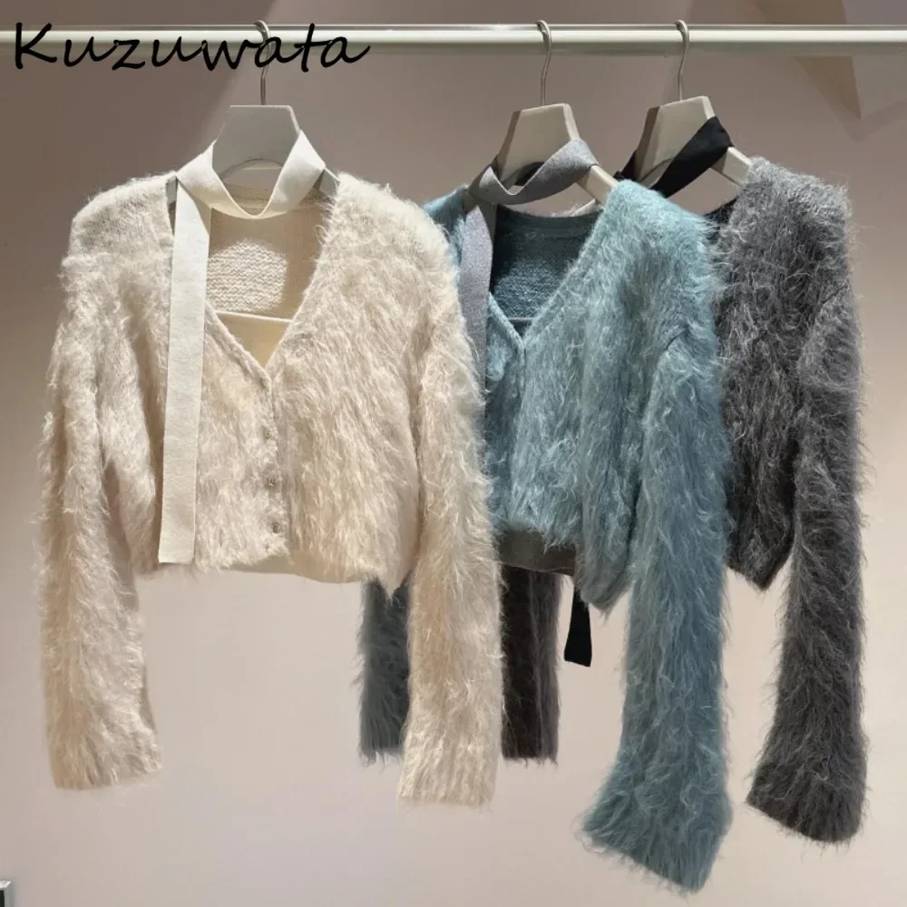 Kuzuwata Sweet Sexy Spice Girls Fluffy Knit Set Cardigan Lace Up Luxury Halter Sling Japan Age Reduction Elegant Three-piece Top