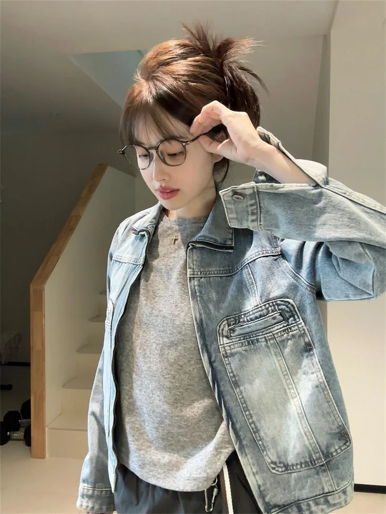 Retro Washed Blue Denim Jacket Spring Autumn Turn Down Collar Zipper Short Outerwear Versatile Women Jacket Tops