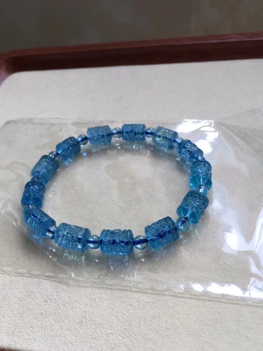 Natural Blue Aquamarine Carved Clear Barrel Beads Bracelet Women 10*7.5mm Stretch Brazil Aquamarine Bracelet Jewelry AAAAAA