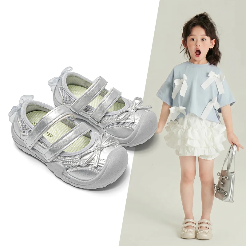 

Baby Cute Satin Bow Mesh Trainers, Rear Tulle Bow Detail Round Protective Toe Non-slip Outdoor Sports Shoes