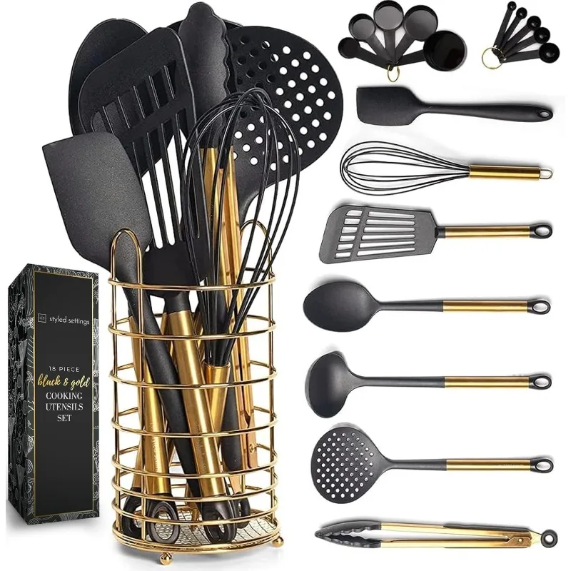 Black and Gold Kitchen Utensils Set with Stainless Steel Holder – 18-Piece Nylon Cooking Utensils with Measuring Cups and Spoons