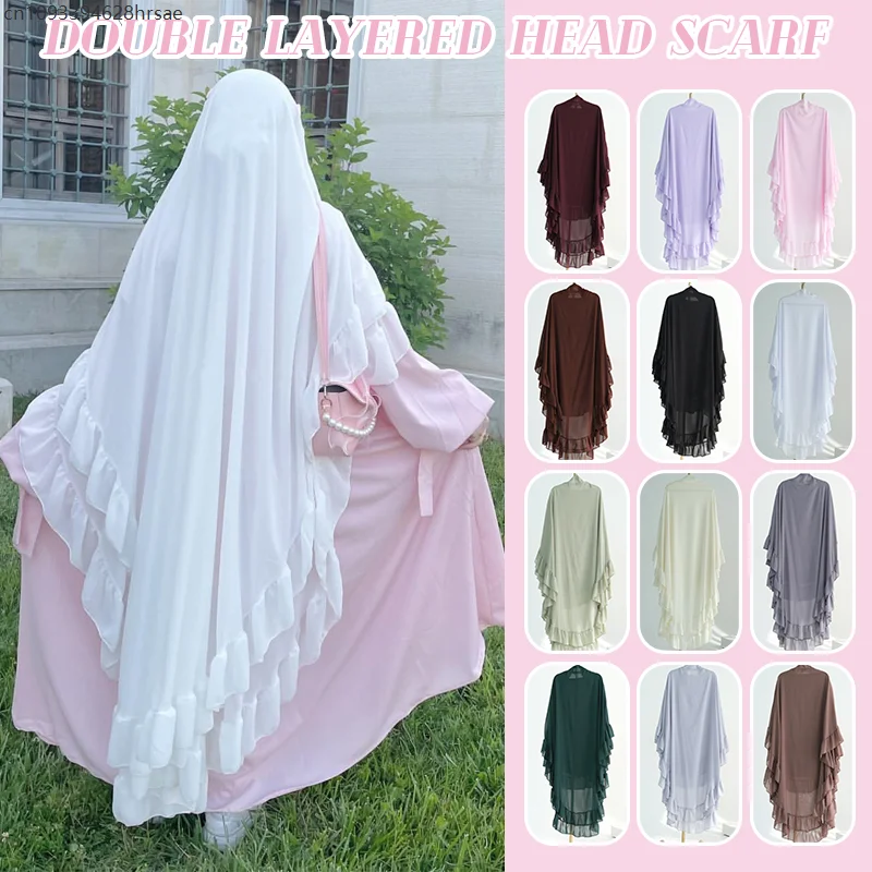 

Women Ramadan Muslim Prayer Pullover Hijab Double Layer Head Scarf Headwraps Femme Musulman Shawl Wrap Islamic Scarf