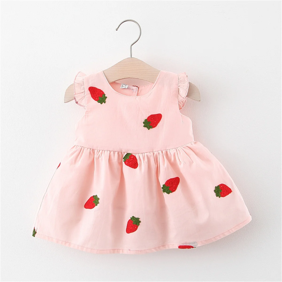 

Summer Children's Dress New Style 0-3 Year Old Girl's Strawberry Embroidery Solid Color Lady Fly Sleeve Doll Dress