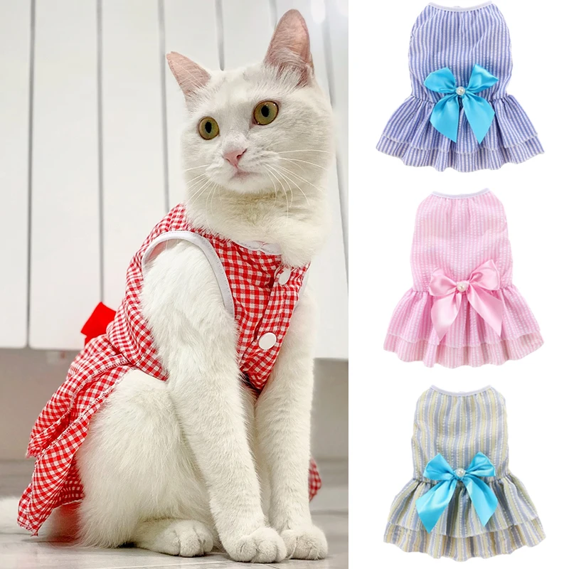 Gato filhote de cachorro princesa vestido de verão roupas para animais de estimação listrado xadrez vestidos com arco para gatos gatinho coelho