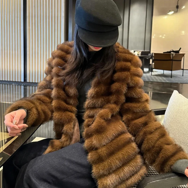 High-end Faux Fur Jacket Women Fashion Lapel Long Sleeve Loose Fluffy Short Coat 2025 Winter Lady High Street Warm Outerwear