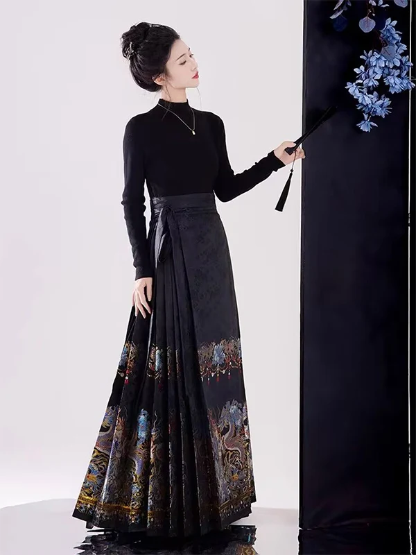 

New Autumn Winter Chinese Sle Hanfu Women's Adult Daily Tail Skirt Large Brand Commute Artistic High Waist A-Line Skirt