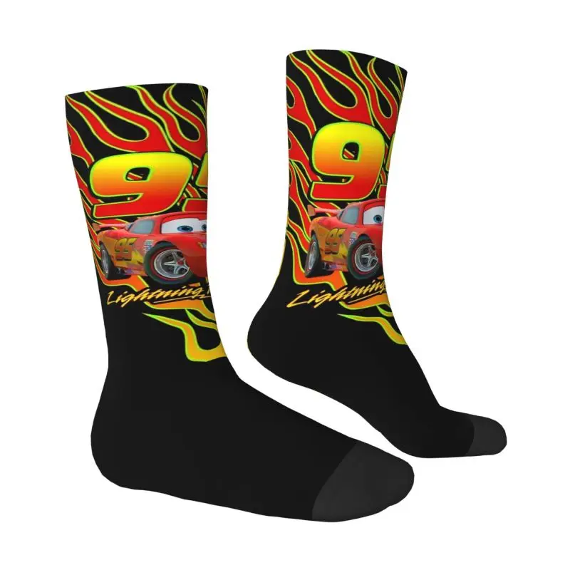 Funny Printed Racer Lightning McQueen Socks for Women Men Stretch Summer Autumn Winter Cartoon Cars Crew Socks