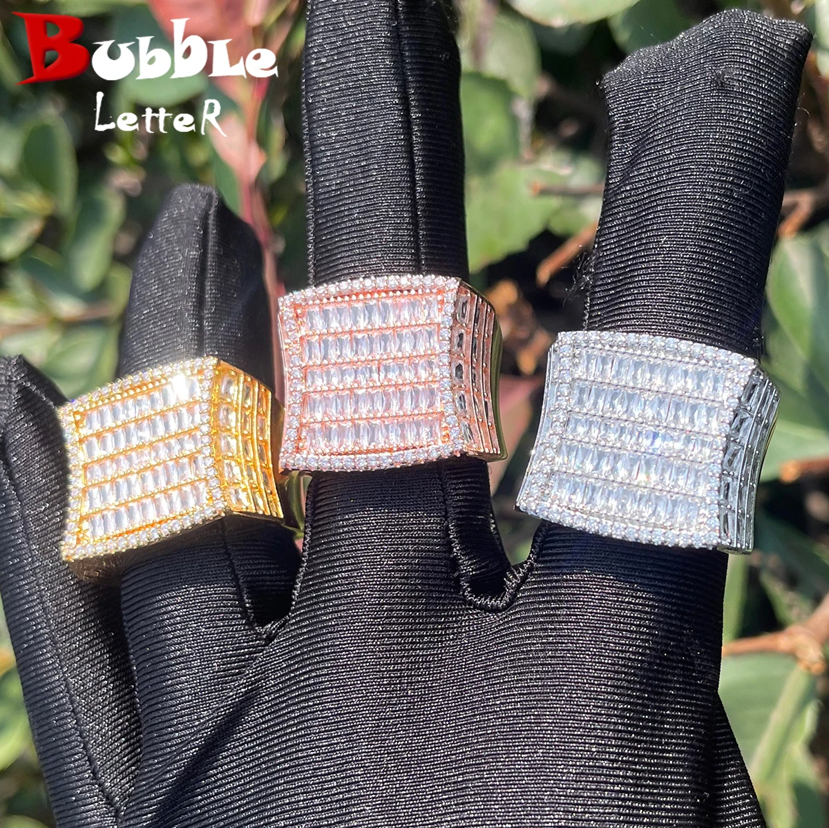 

Bubble Letter Iced Out Men Rings Baguette Real Gold Plated Cubic Zirconia Copper Hip Hop Jewelry