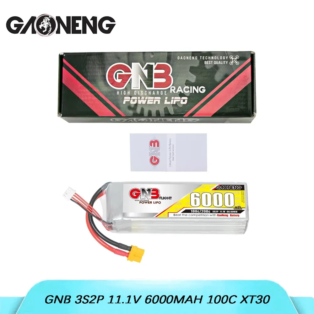 

Литиевая батарея GAONENG GNB 3S2P 11,1 В, 6000 мАч, 100C с разъемом XT30, подходит для FPV-дронов, квадрокоптеров и автомобилей с дистанционным управлением