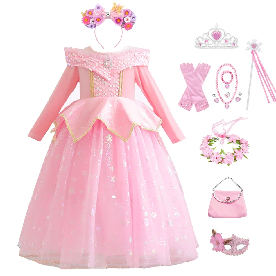 

Girls Aurora Costume Winter Sleeping Beauty Princess Aurora Gorgeous Costume Halloween Carnival Cosplay Pink Princess Long Dress