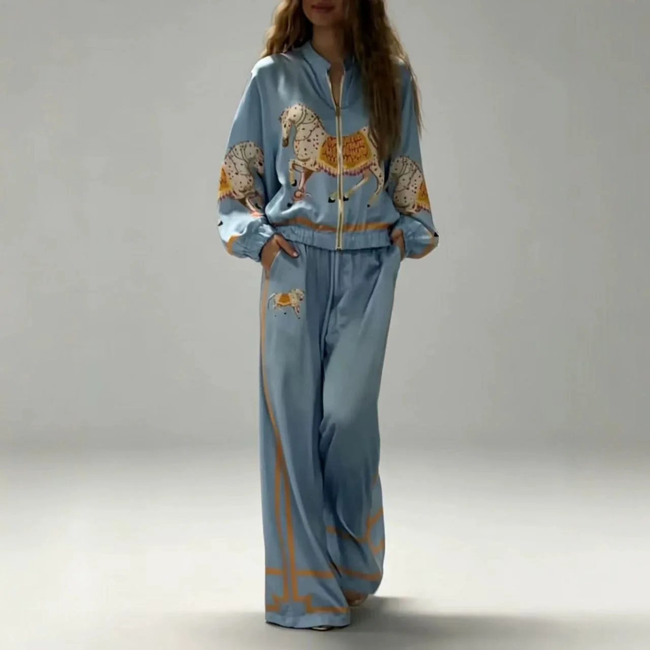 Autumn Animal Print Coat Trousers Suit Women Zipper Casual Long Sleeve Female Coats Satin 2 Pieces Set High Waist Pant Lady Sets