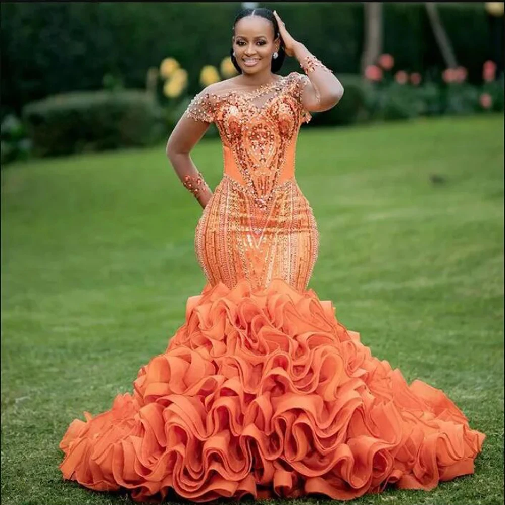 Vestidos de Noche naranja románticos con borde de volantes en capas de sirena para niña negra, cuentas de purpurina, encaje, boda, ocasión Formal, vestido de baile de fiesta