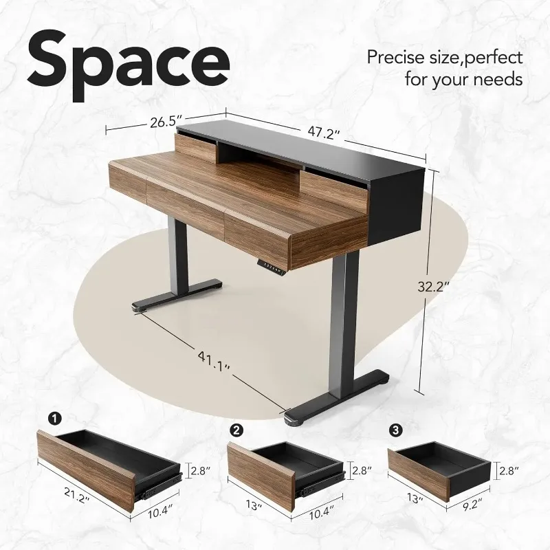 Standing Desk with Drawers, 48 Inches Electric Height Adjustable Desk with Storage