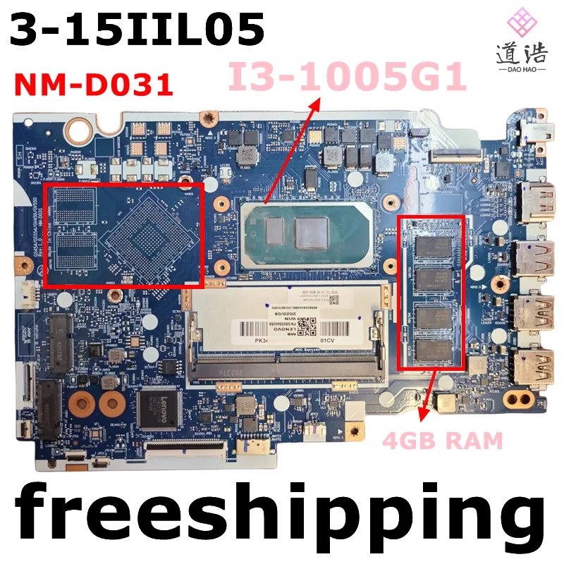 

NM-D031 For Lenovo Ideapad 3-15IIL05 Laptop Motherboard GS454/GS554 I3-1005G1 CPU RAM:4GB DDR4 Mainboard 100% Tested Fully Work