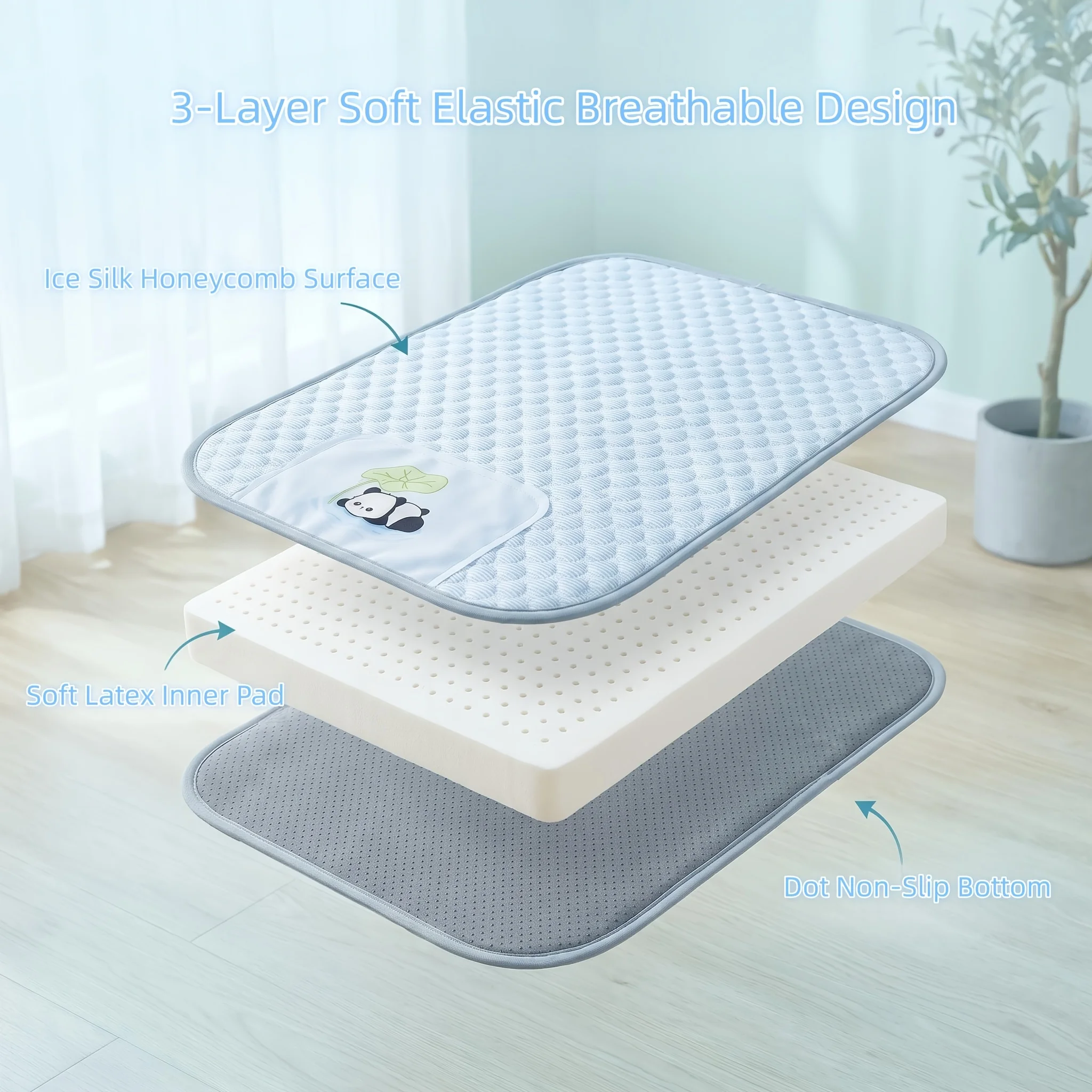 Dog Ice Pad Summer Ice Bean Texture Fabric with Gray Edging Cute Panda Holding Leaf Pattern Printed on Bottom Sofa Cat Ice Pad