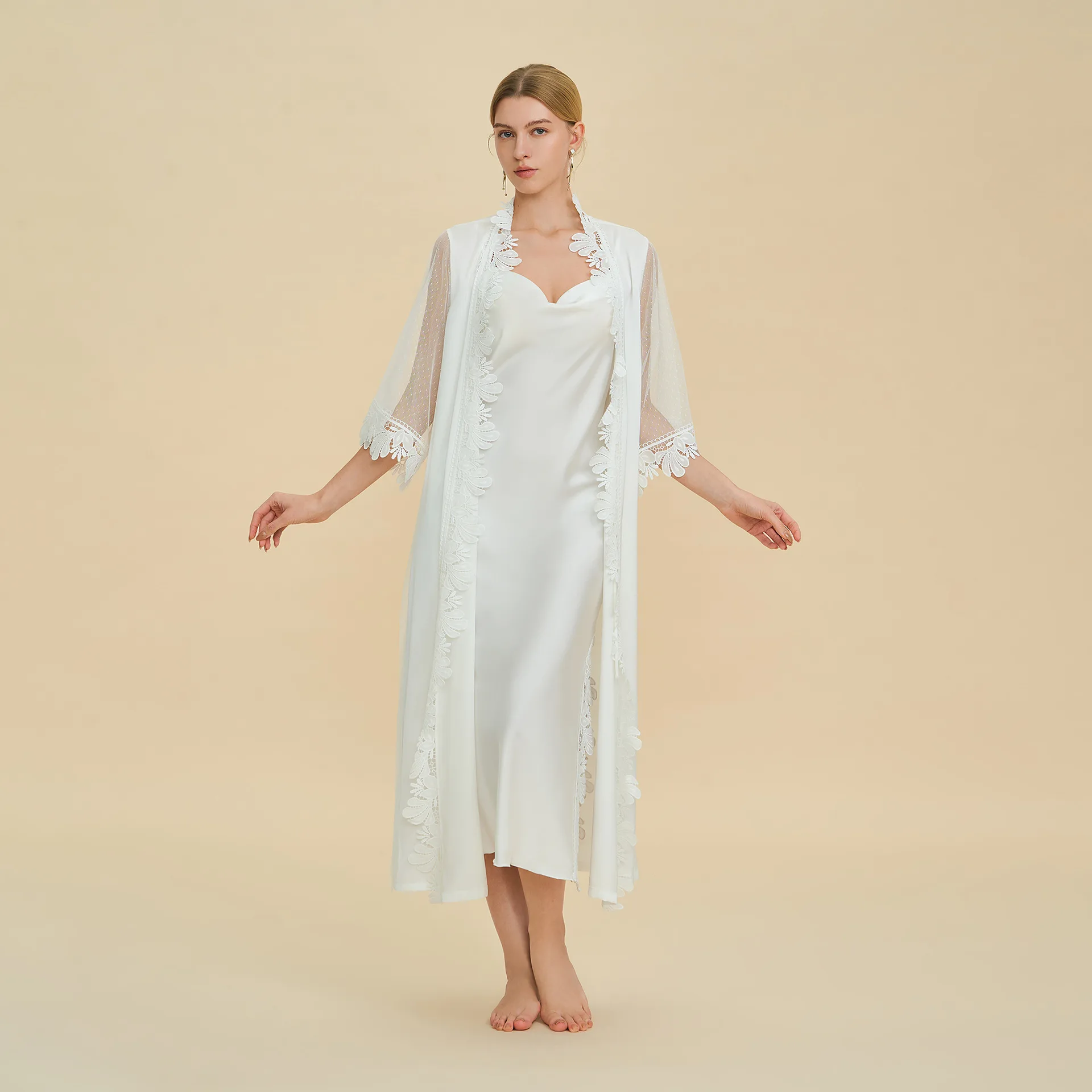 

Embroidery Trim Long Kimono Bathrobe Women Satin Nightwear Lace Sleeve Robe Silky Nightdress V-Neck Lounge Sleepwear