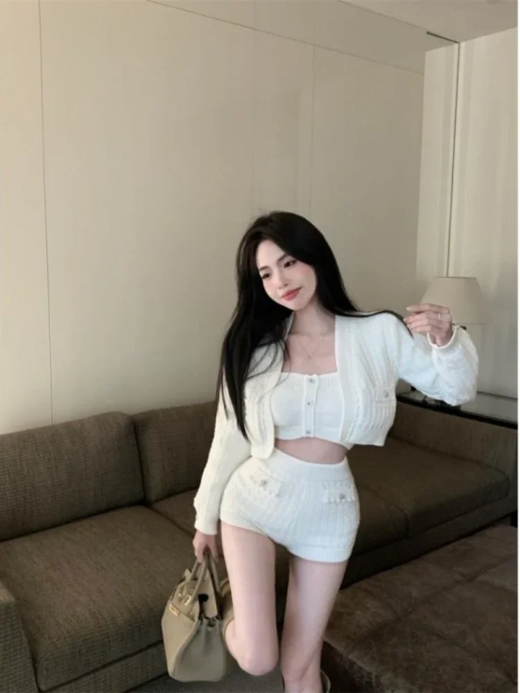 

Cropped Cardigan+Slim Y2k Knitted Button Strapless+Women All Match Solid Sexy Mini Skirt Three Pieces Set Elegant Tender Pockets
