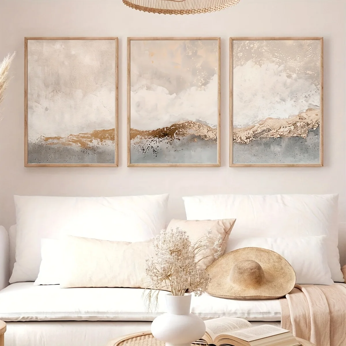FramelessA Set of Three Abstract Art Prints Featuring Neutral Marble Textures And Golden Elements, Perfect for Modern Home Decor