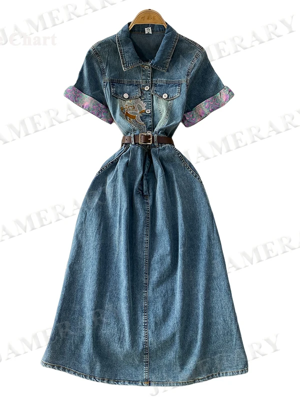 Abito in denim con risvolto ricamato per donna Abito estivo di media lunghezza stampato a maniche corte con bottoni in vita