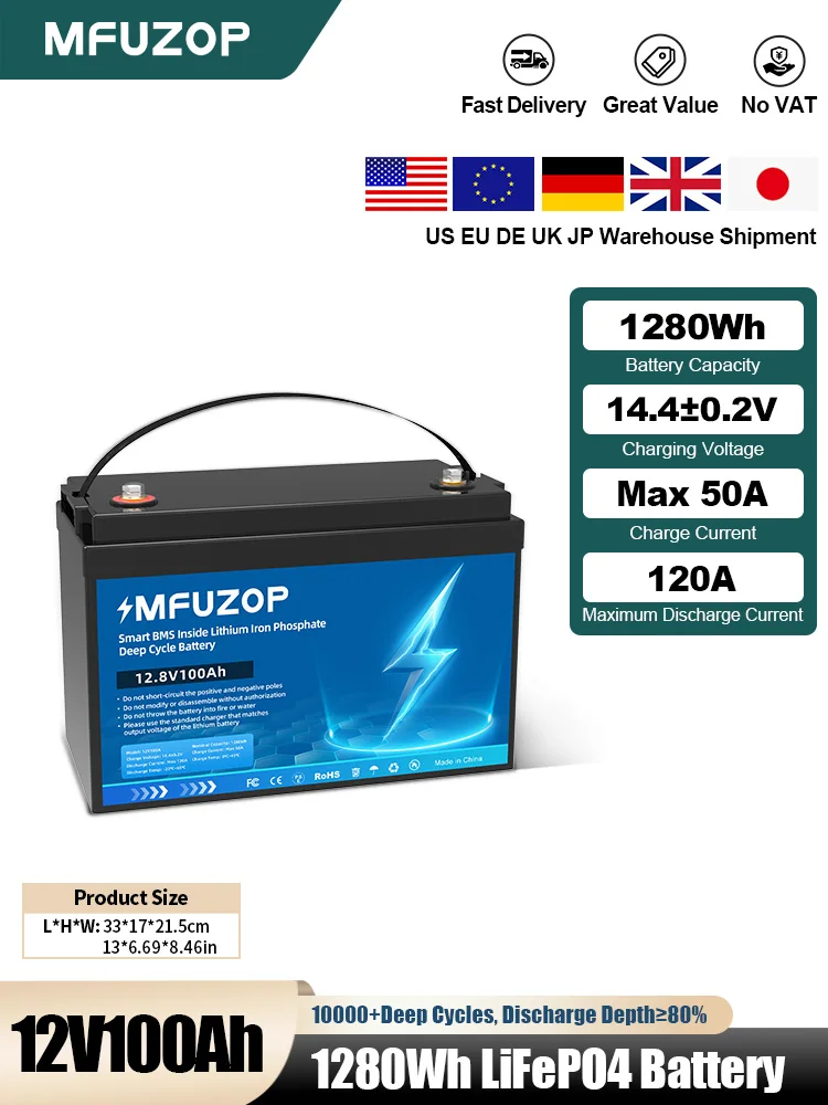 MFUZOP Draagbare Oplaadbare LiFePO4 Batterij 12V 100Ah Deep Cycle 10000+ Ingebouwd Intelligent BMS-systeem voor Camperen Geen BTW - afbeelding 2