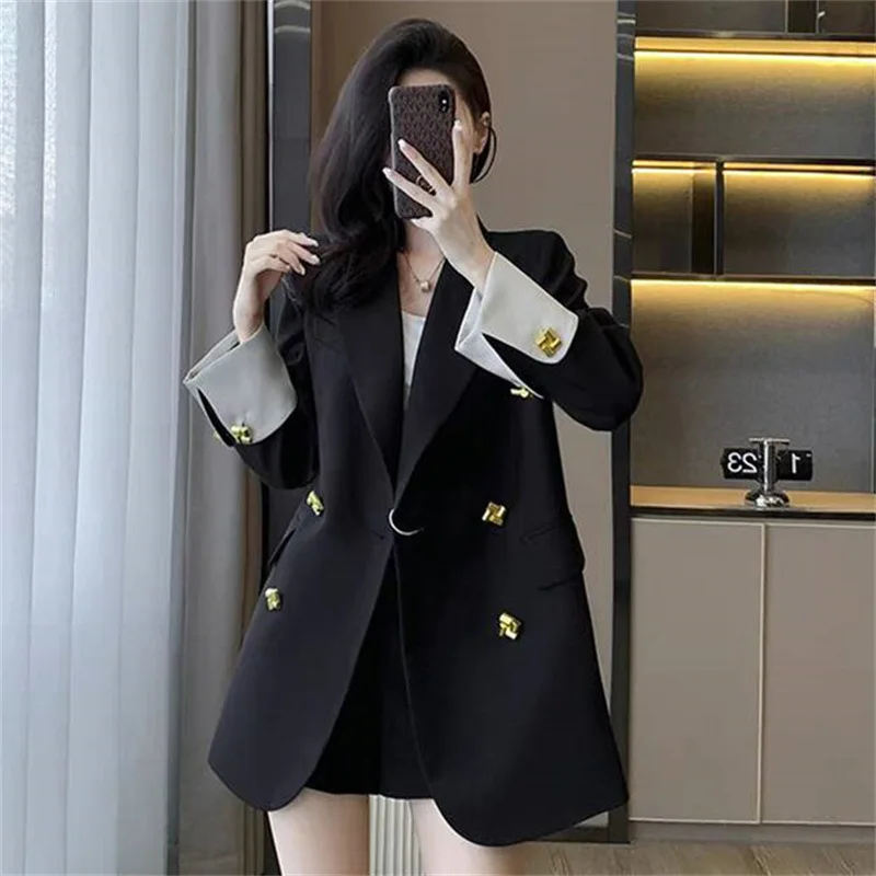 

Spring 2025 Women's Loose Casual Jaets Suits Coats Straight Cut Pure Polyester Fiber Long Sve Double Breasted