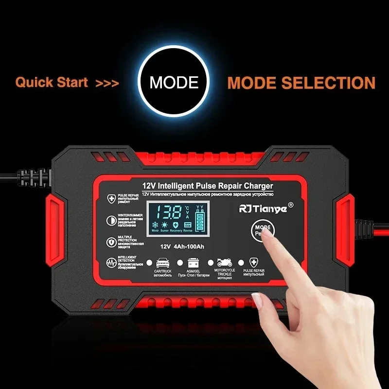 New Car Battery Charger 12V 6A Touch Screen Pulse Repair LCD Fast Power Charging Wet Dry Lead Acid Digital LCD Display