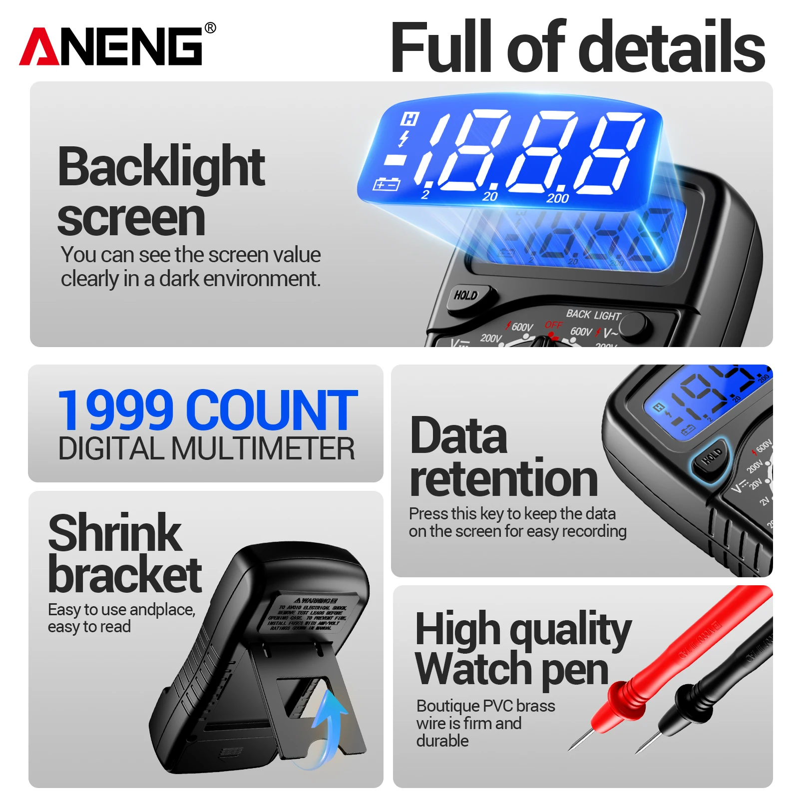 ANENG XL830L LCD Backlight Multimeter 1999 Counts 600V AC/DC Voltage DC 10A Current Resistance Diode HFE Detector with Data Hold gallery 1