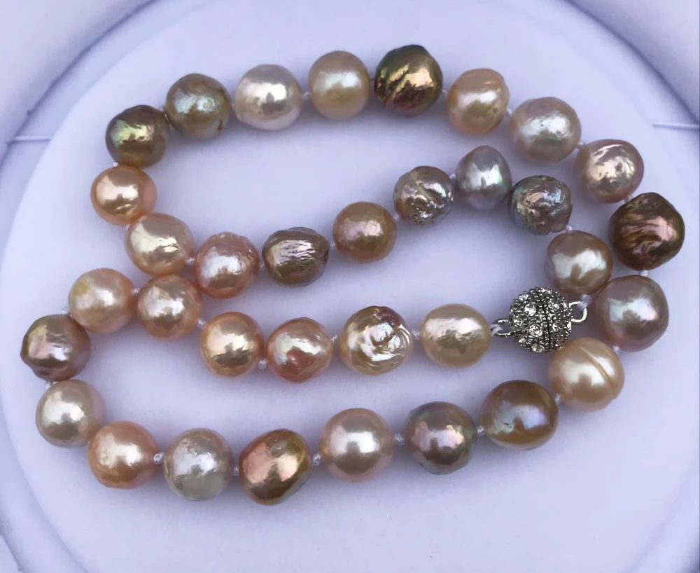 hot-selling Genuine Natural  12-14mm Multicolor Round Pearl Necklace 18“