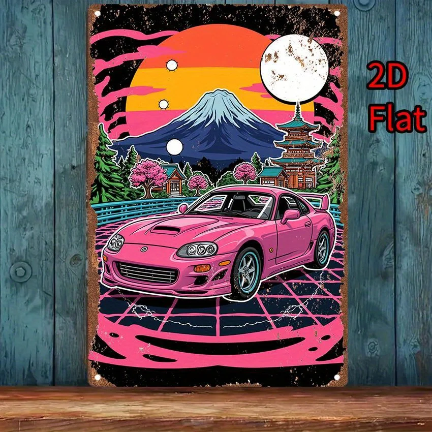 Anime Wall Art Plaque - Japanese Decor Featuring Mount Fuji, Pink Sports Car, Vintage Japanese Architecture - Metal Tinplate P