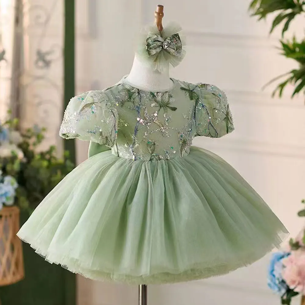 

Summer flower girl dress with Bow mesh green tulle dress Birthday wedding dress Party children's dress