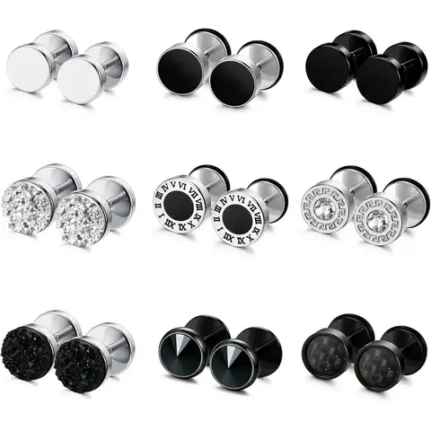 9 Pairs Stainless Steel Stud Earrings for Men Women Round Cheater Plug Faux Gauges Ear Tunnel Mens Earrings