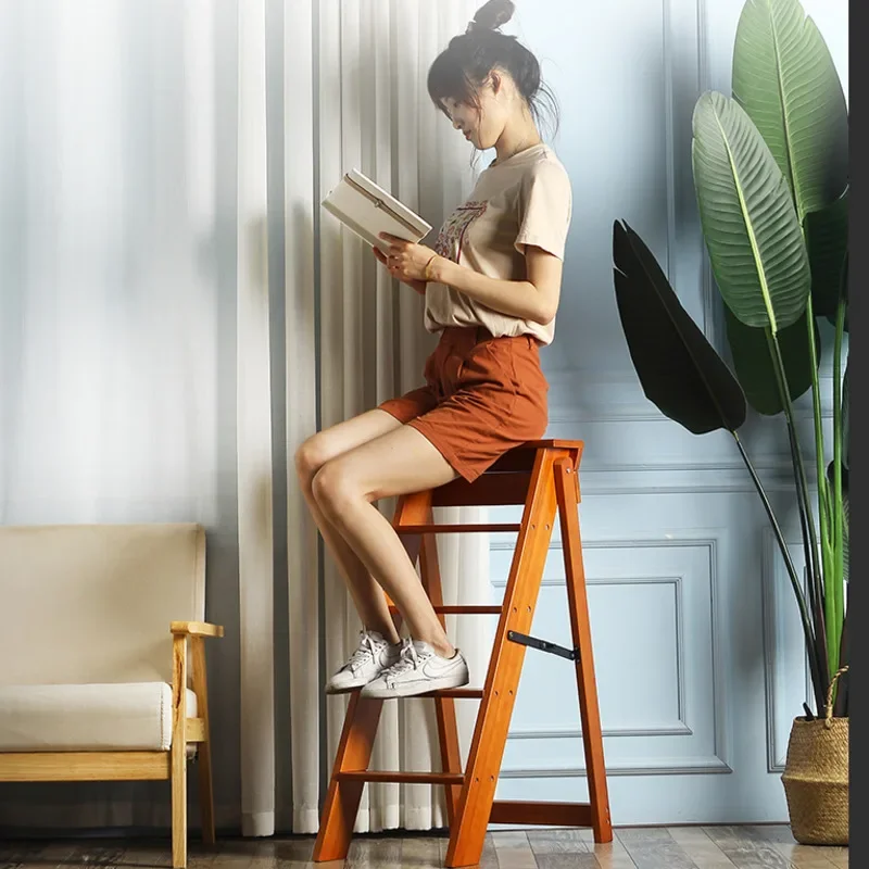 Sturdy Foldable Solid Wood Stool-Ladder Multi-use Indoor Thickened Step Chair Flower Shelf Versatile Household Item