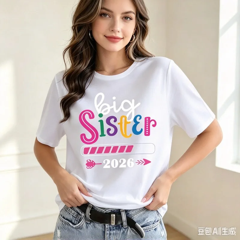 Women Big Sister 2026 Graphic T-Shirt Color Letter Arrow Print Top Modal Casual Family Announcement Gift Daily Streetwear Shirt