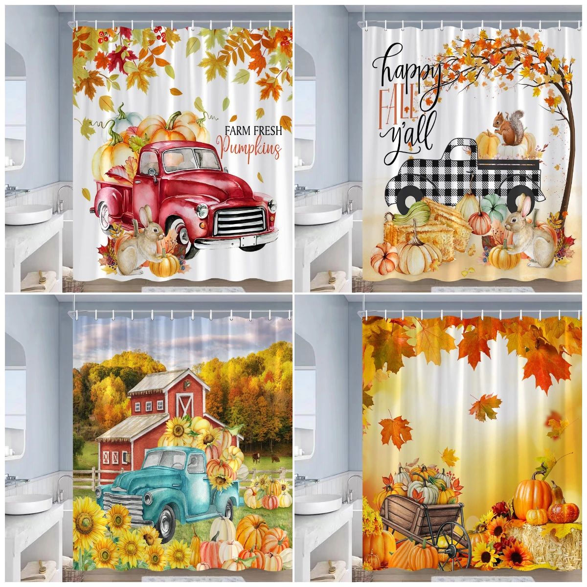 

Autumn Shower Curtain Rustic Sunflower Farm Truck Pumpkin Maple Leaves Fall Thanksgiving Bath Curtain Fabric Home Bathroom Decor