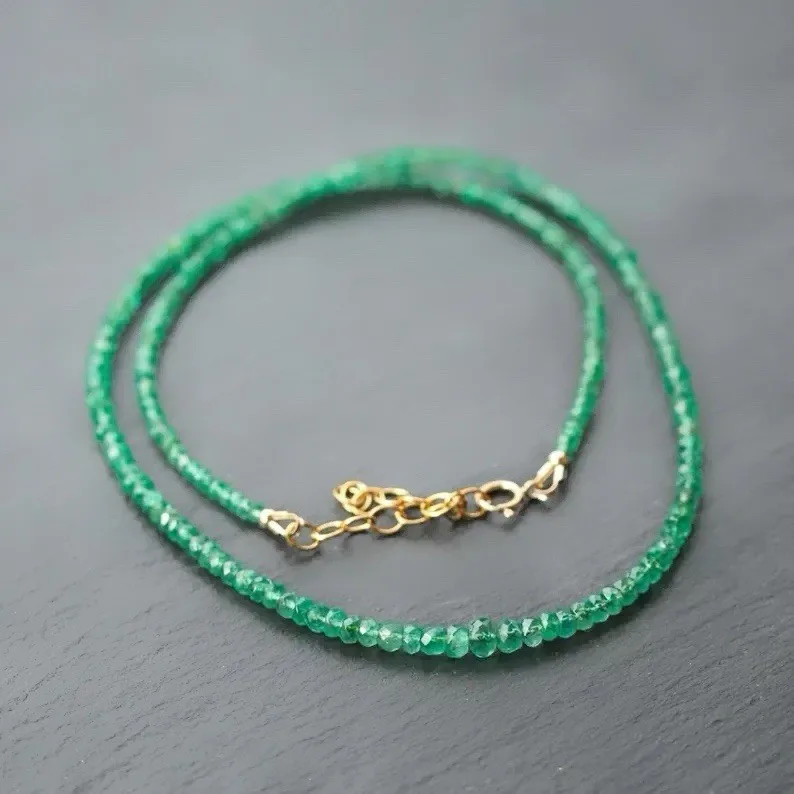 

Natural Emerald Necklace 2-4mm Round Faceted Beryl Beads 16-26nch Handmade Strand
