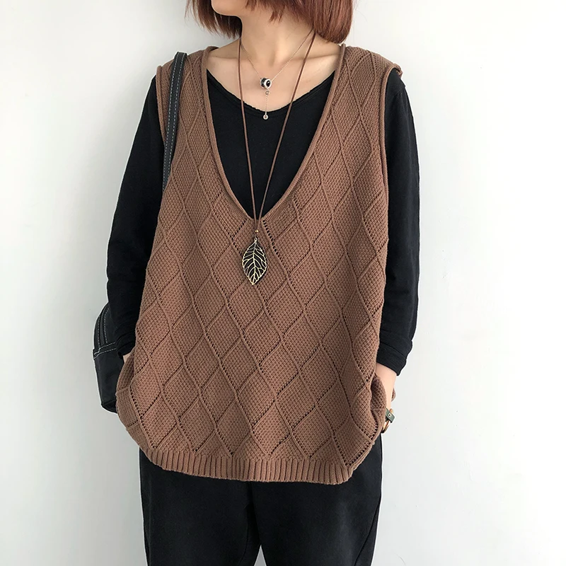 WinvyNee Women Clothing Cotton Vest Oversized Loose Big V Neck Casual Outerwears Tops Knitted Casual Sweater Autumn C1002011