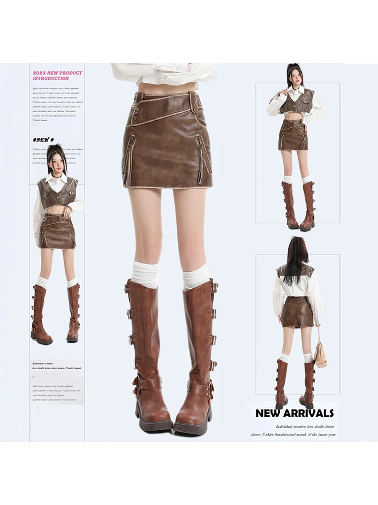

Women's Coffee A-line Leather Skirt Vintage Korean Y2k Mini Skirt Harajuku Streetwear Elegant Skirt 90s Aesthetic 2000s Clothes
