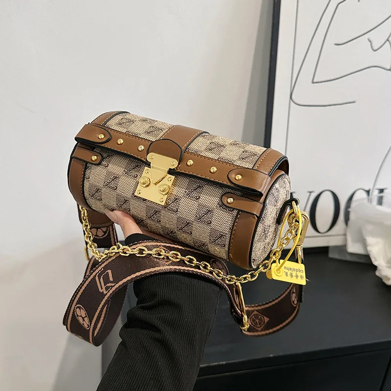 Luxury Brand Wide Shoulder Strap Cylinder Sling Crossbody Women\'S Bag 2023 Printing Retro Personality One-Shoulder Messenger Bag