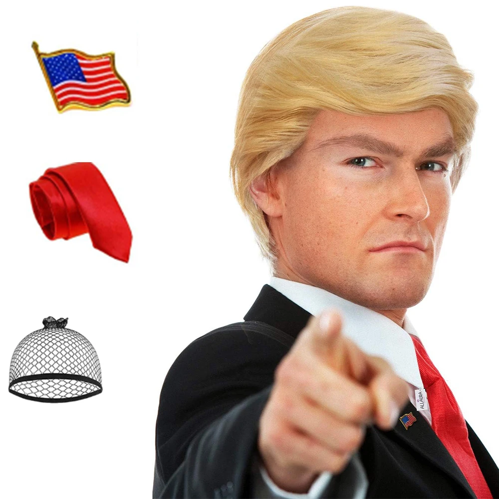 

Synthetic 3pc Donald Costume Kit Red Tie Flag Pin Compatible with Pres Donald Wig Halloween Costume for Adults Couples Cosplay