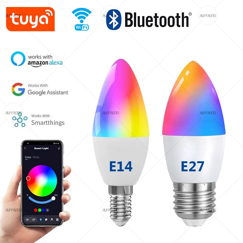 Tuya E27 E14 Base EU Standard Wifi Candle Light Bulb Bluetooth RGBCW Lamps 220V Alexa Google Home Voice Control Smart Life APP