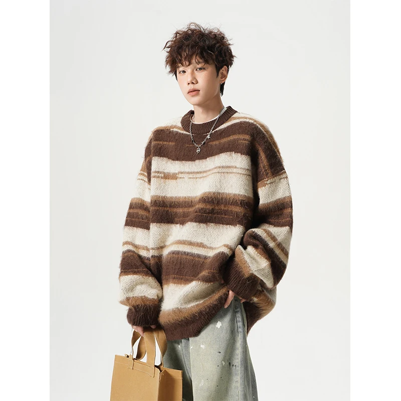 2025 Autumn Winter New Men's Crew Neck Long Sleeve Brown Soft Sweater Loose Casual Daily Striped Black Knitwear