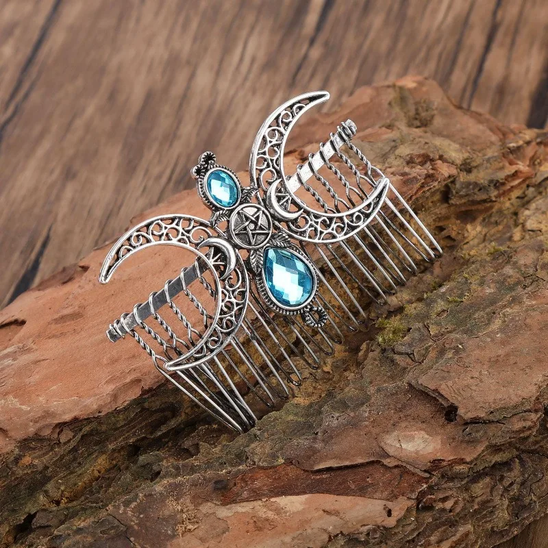 1 Stück Mode Retro Mond Haarkamm Antik Silber Pagan Wicca Gothic Design Perfekt für Rituale Boho Mystical Fashion Statements