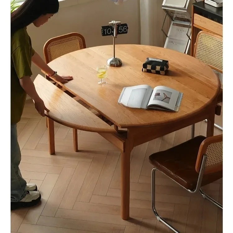 WS Telescopic Cherry Wood Solid Wood Extendable Dining Table Foldable Telescopic Round Table Home Dining Table