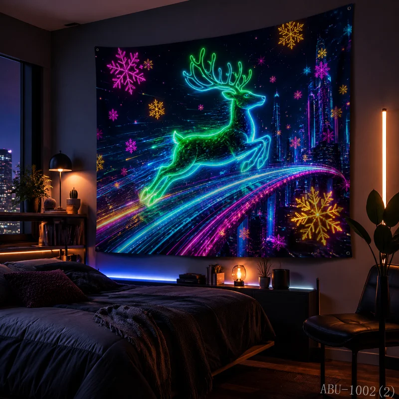 VIKAMA Purple Blue Starry Sky Ice Crystal Bridge Elk Christmas Tapestry HD Background Cloth Holiday Atmosphere Room Decoration