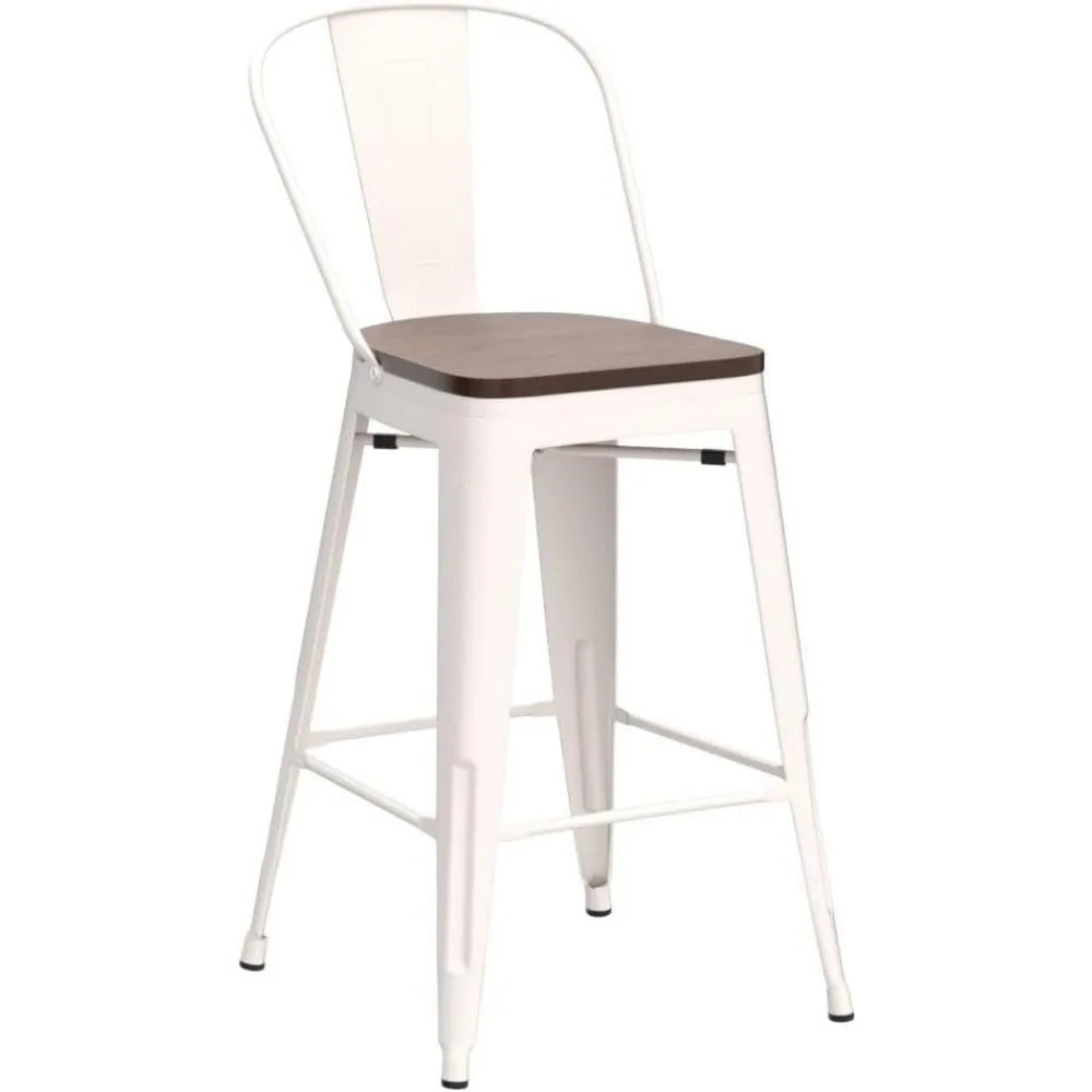 مقاعد بار معدنية بارتفاع عداد على الطراز الصناعي مع مقاعد خشبية، مجموعة من 4 قطع، 24 مرتفعة